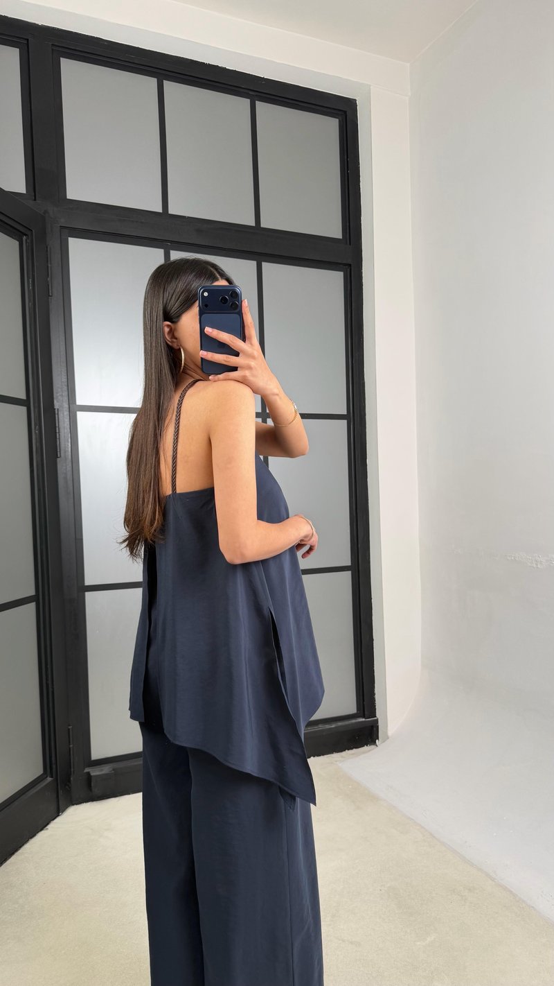 Lacivert Örgü Askılı Tencel Tulum GAUS-01436