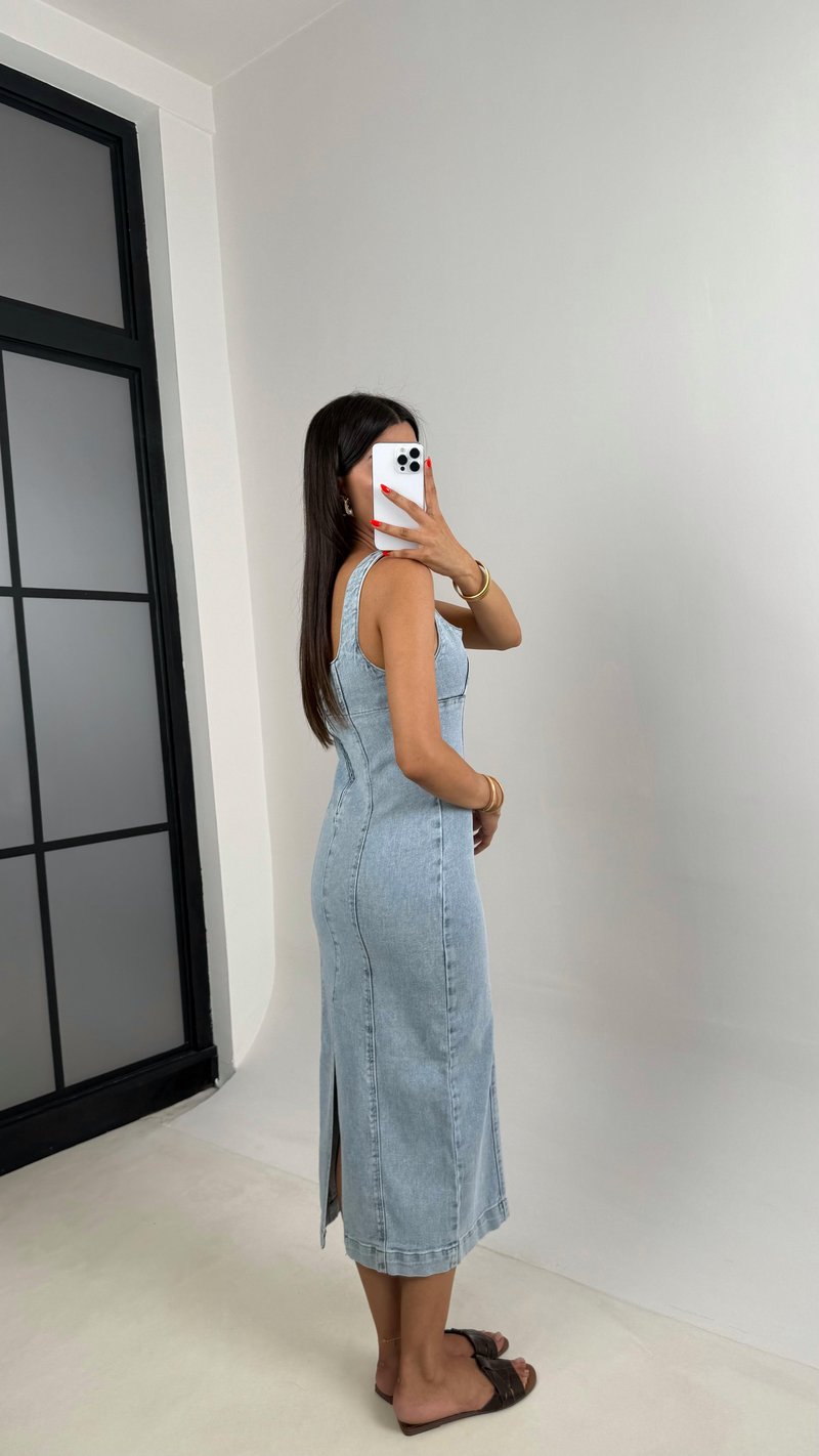 Buz Mavisi Yırtmaç Detaylı Denim Elbise Gaus00693