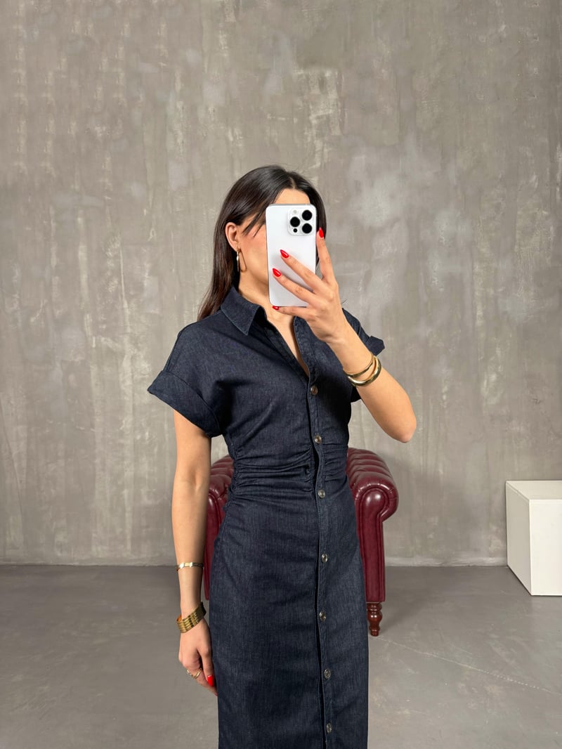 Lacivert Likralı Ön Düğmeli Beli Lastikli Denim Elbise Gaus00206