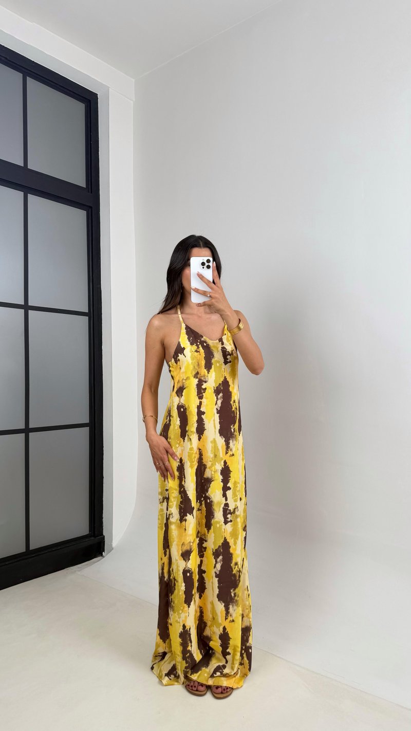 Sarı Kahve Desenli Askılı Tencel Elbise Gaus00654