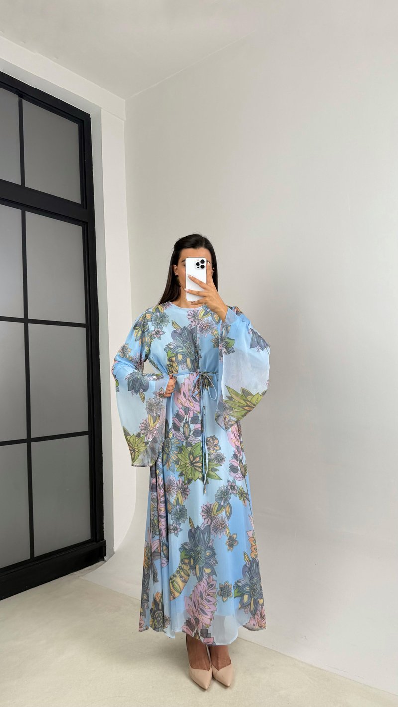 Mavi Çiçek Desenli Kuşaklı Kolu Volanlı Astarlı Şifon Elbise GAUS-00105