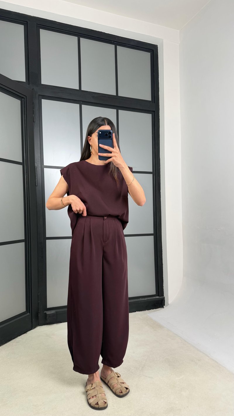 Mürdüm Vatkalı Bluz Beli Lastikli Pantolon Krep Kumaş Takım GAUS-01485