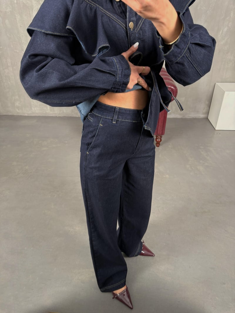 Tasire Lacivert Yaka Fırfır Detaylı Kuşaklı Gömlek Pantolon Denim Takım