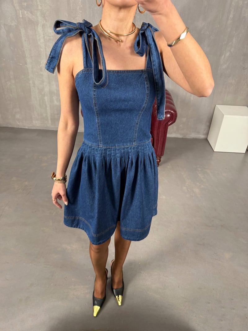 Parida Lacivert Omuz Bağlamalı Tasarım Denim Elbise