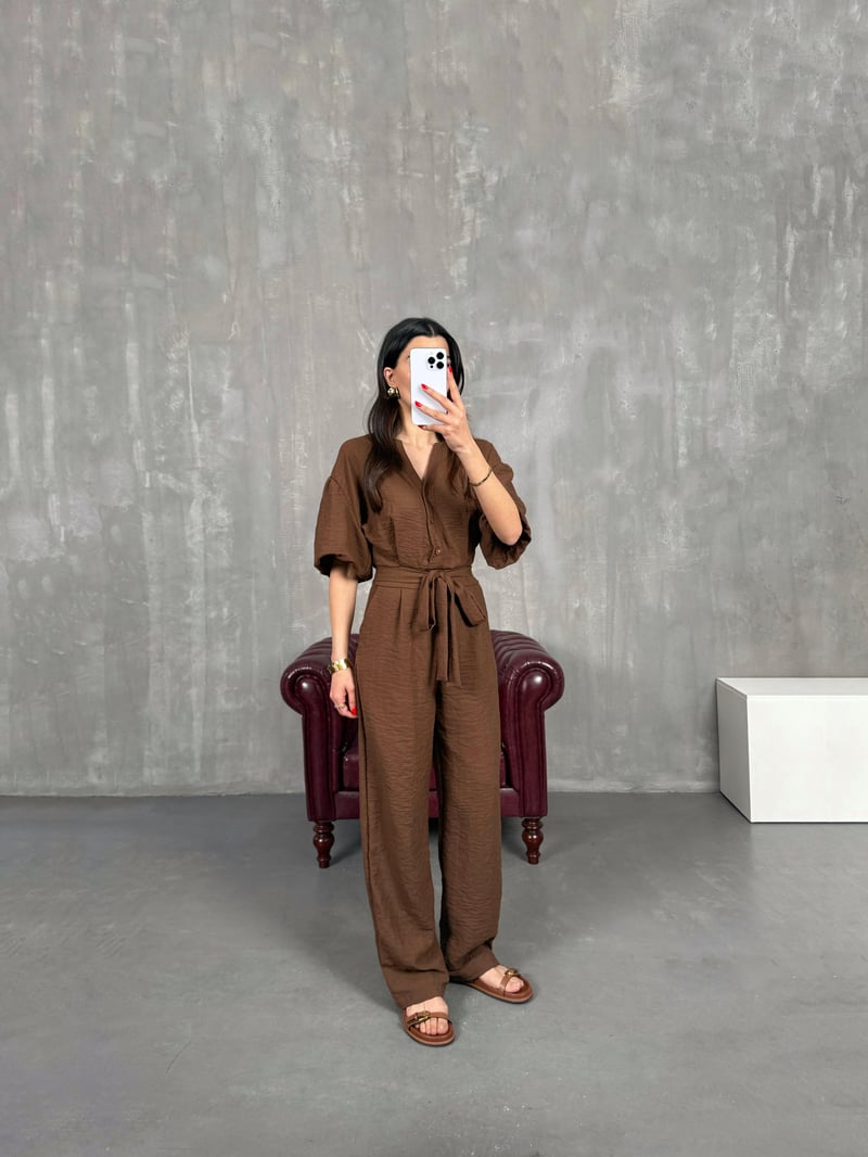 Brown Belted V-Neck Linen Short Balloon Sleeve Jumpsuit Gaus00179