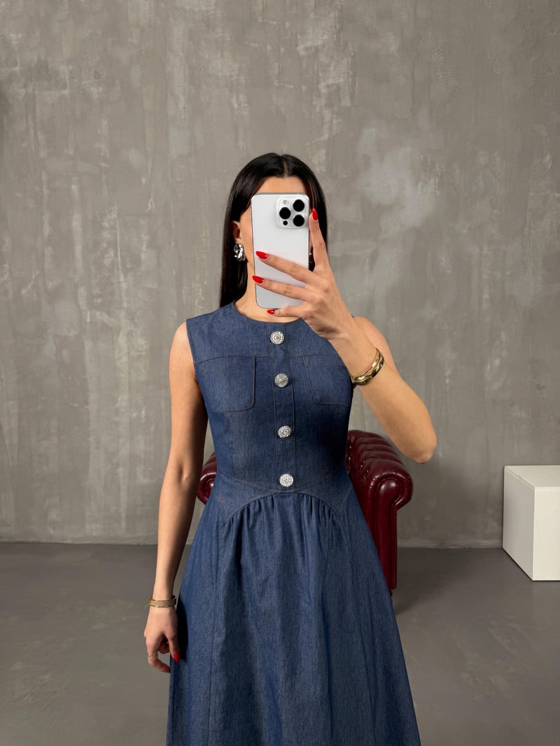 Tetra Mavi Düğme Detaylı Sıfır Kol Fermuarlı Cepli Tensel Denim Elbise