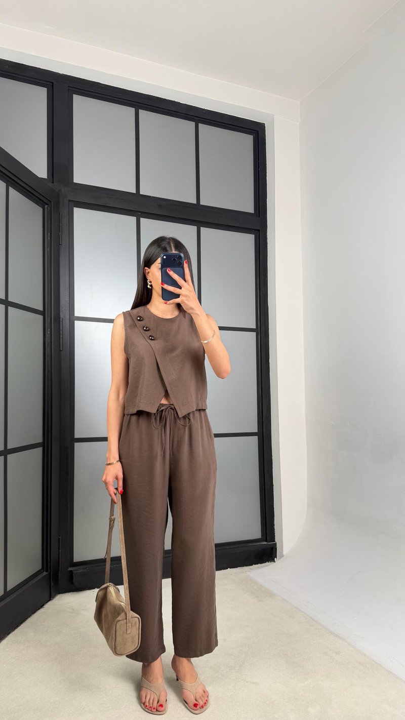 Kahve Yelek Beli Lastikli Pantolon Premium Takım GAUS-01538
