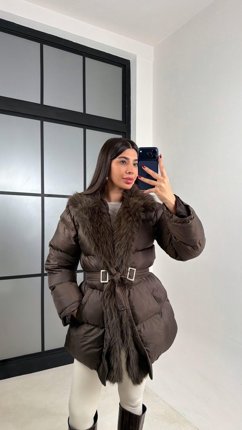 Kahve Yaka Kürk Detaylı Kuşaklı Şişme Mont GAUS-00563