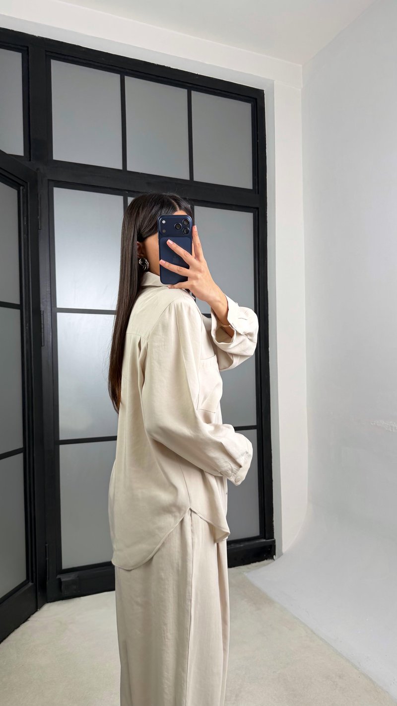 Taş Vatkalı Gömlek Kemerli Pantolon İkili Tencel Takım GAUS-01319