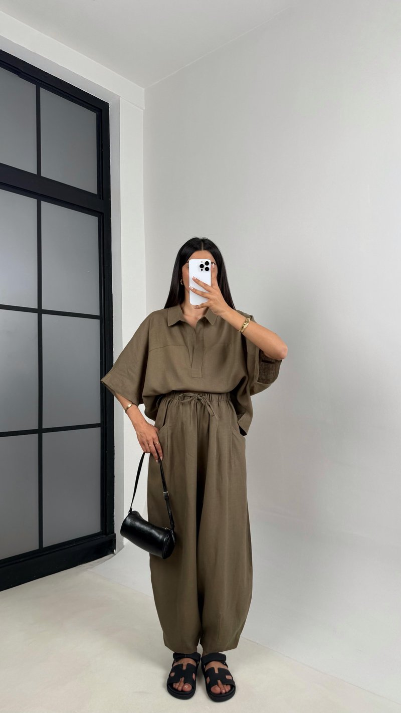 Haki Polo Yaka Yarasa Kol Bluz Şalvar Pantolon Md Muadil Premium Keten Takım Gaus00542