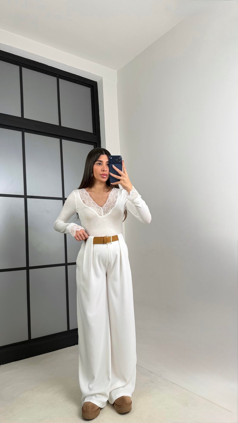 Ekru Kemerli Tasarım Premium Pantolon GAUS-00993