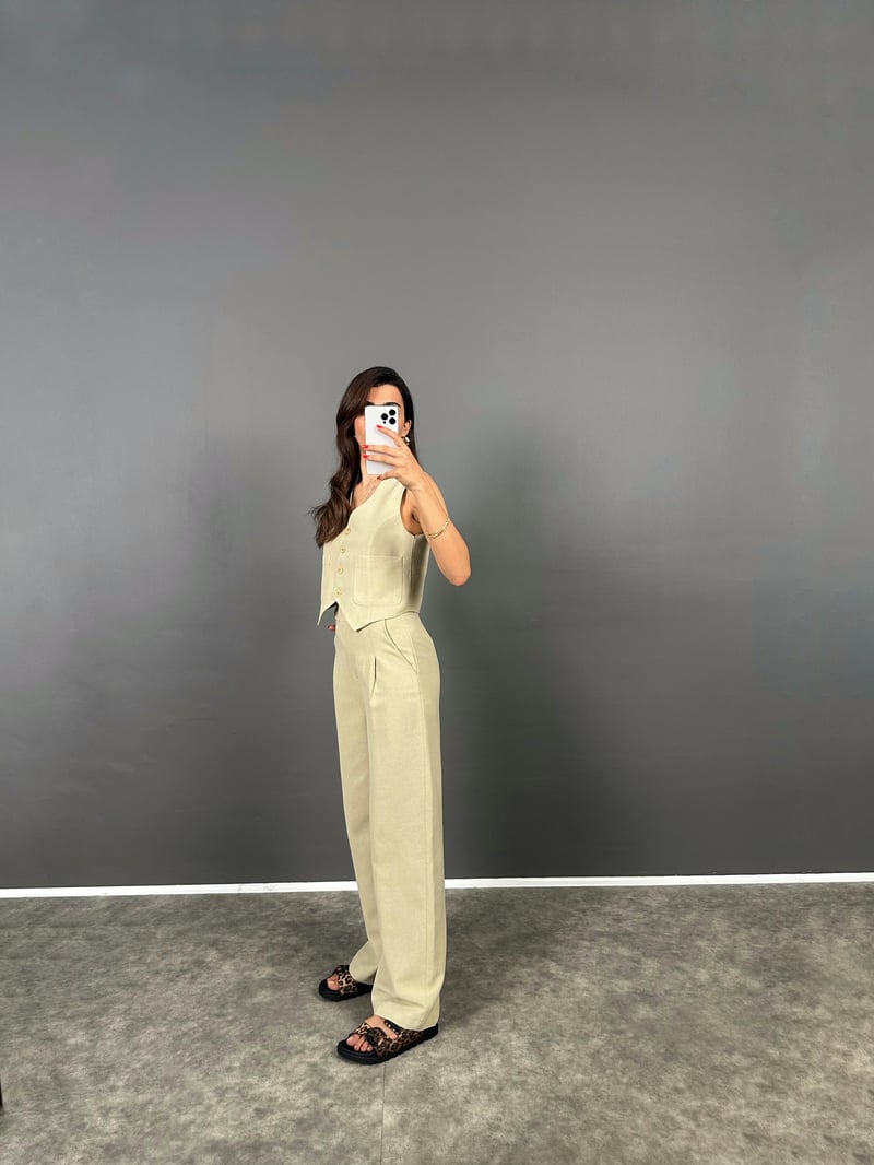Evia Soft Haki  Premium Keten Yelek Pantolon İkili Takım