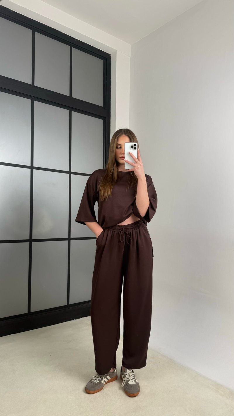 Kahve Bluz Beli Lastikli Pantolon Modal Kumaş Basic Takım GAUS-01132