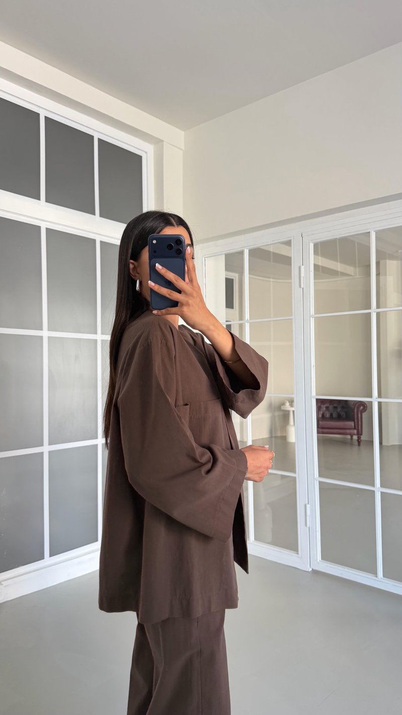 Kahve Kimono Beli Lastikli Pantolon İkili Keten Takım GAUS-01491