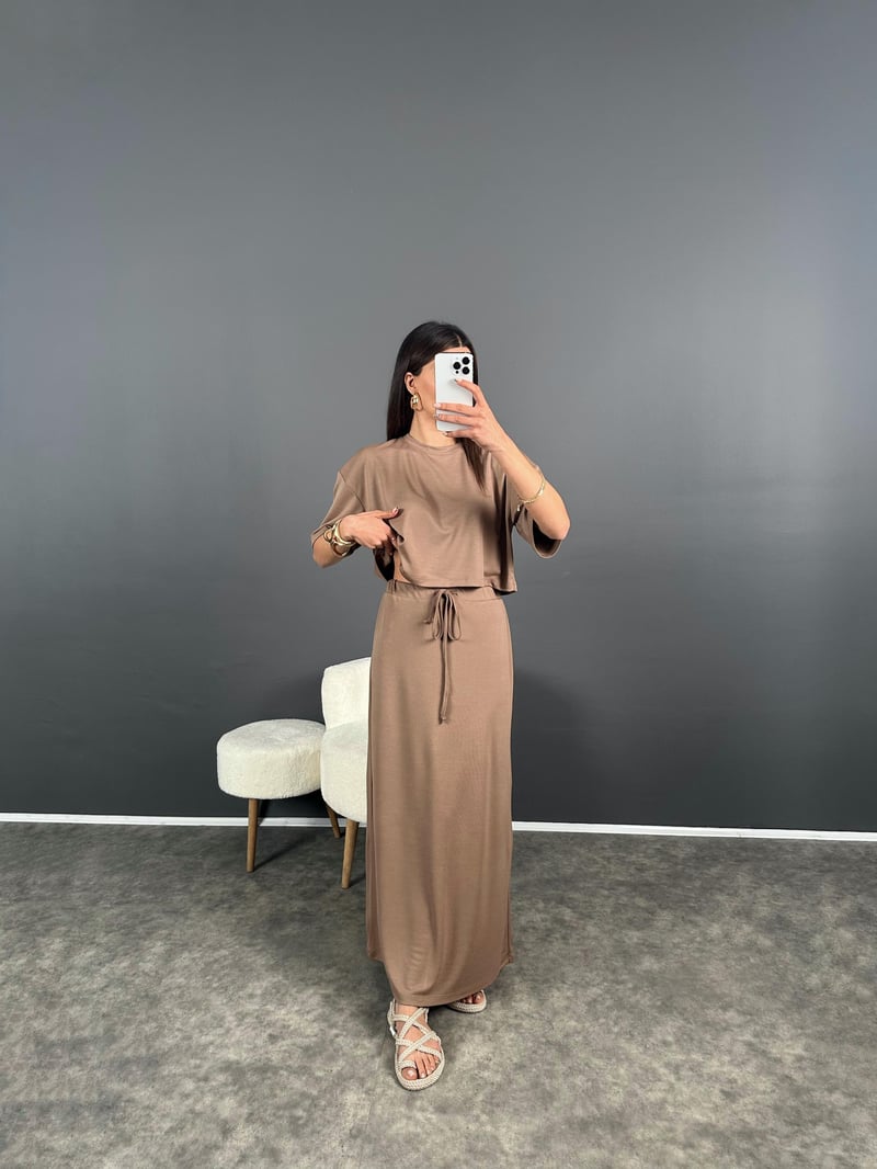 Creon Kahve Modal Kumaş Etekli Tshirt Takım 