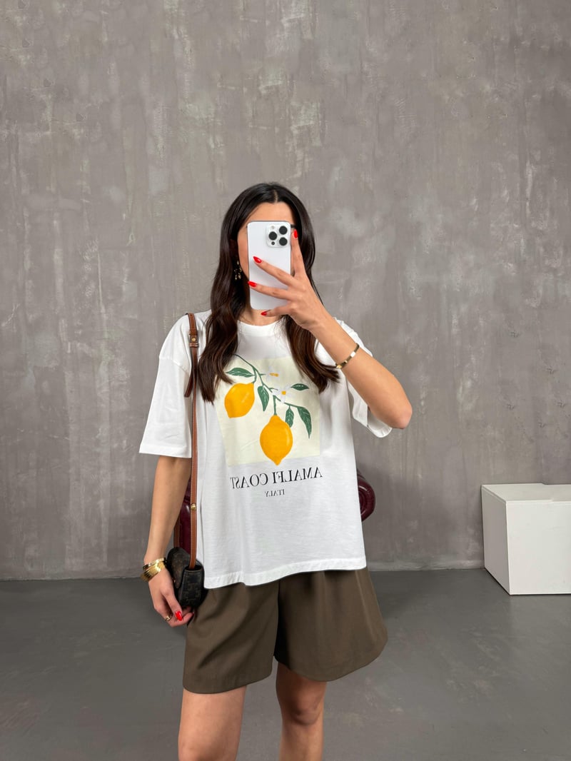 Krem Limon Baskılı Bisiklet Yaka Tshirt Gaus00177