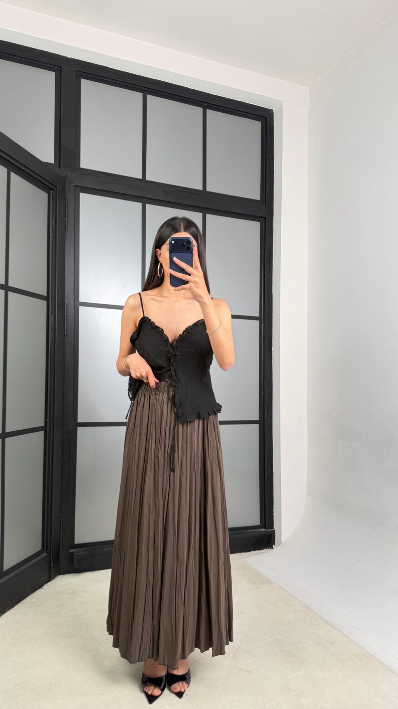 Kahve Beli Lastikli Kırışık Kumaş Etek GAUS-01320