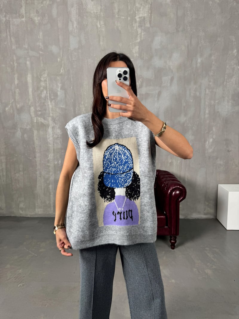 KN Gri Pure Baskılı Süveter
