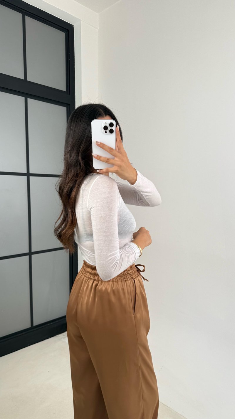 Kahve Beli Lastikli Cepli Saten Pantolon GAUS-0090