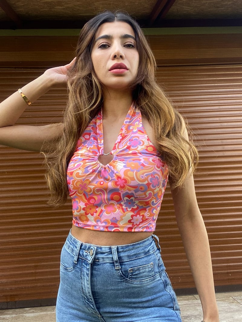Dekolteli Çiçekli Desenli Crop