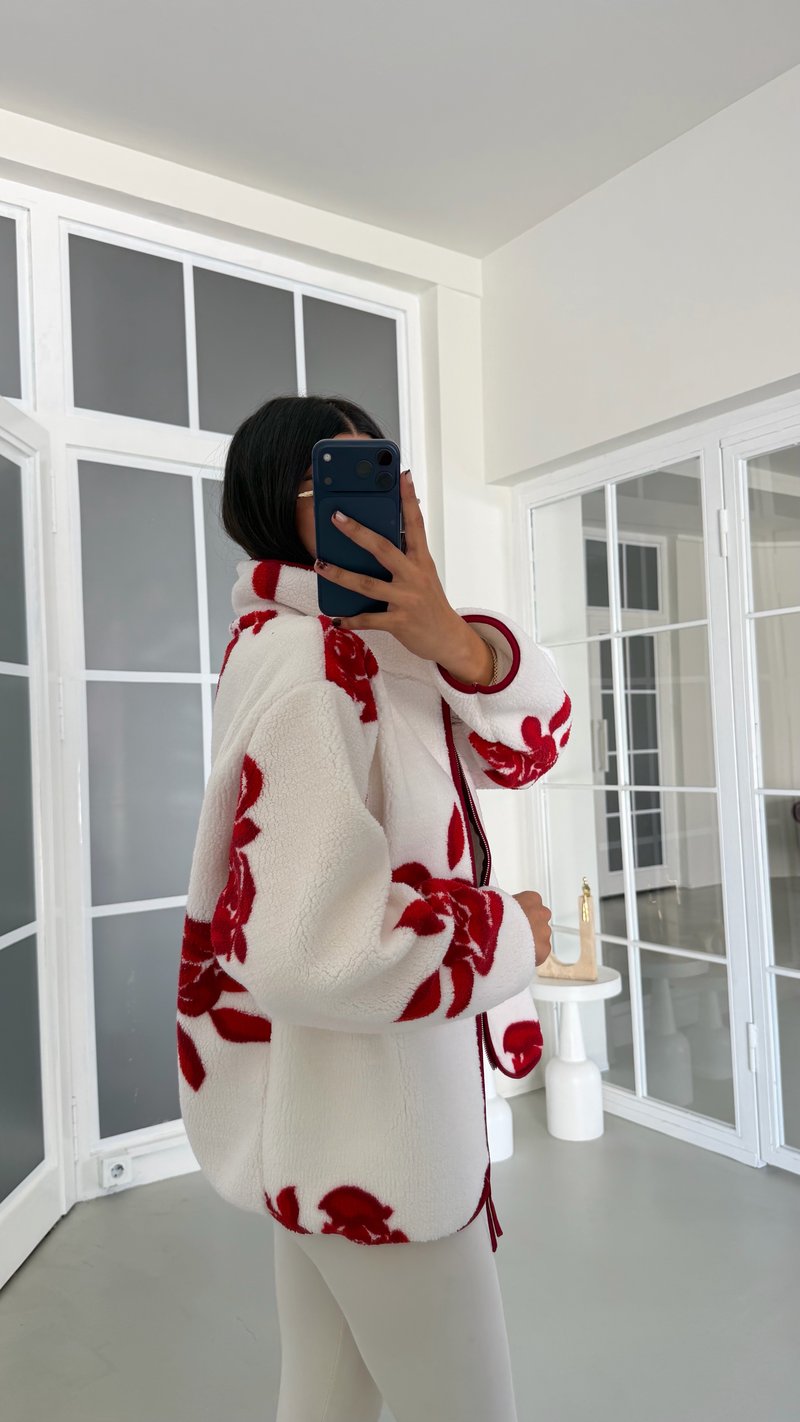 Kırmızı Gül Desenli Fermuarlı Polar Sweatshirt GAUS-01916