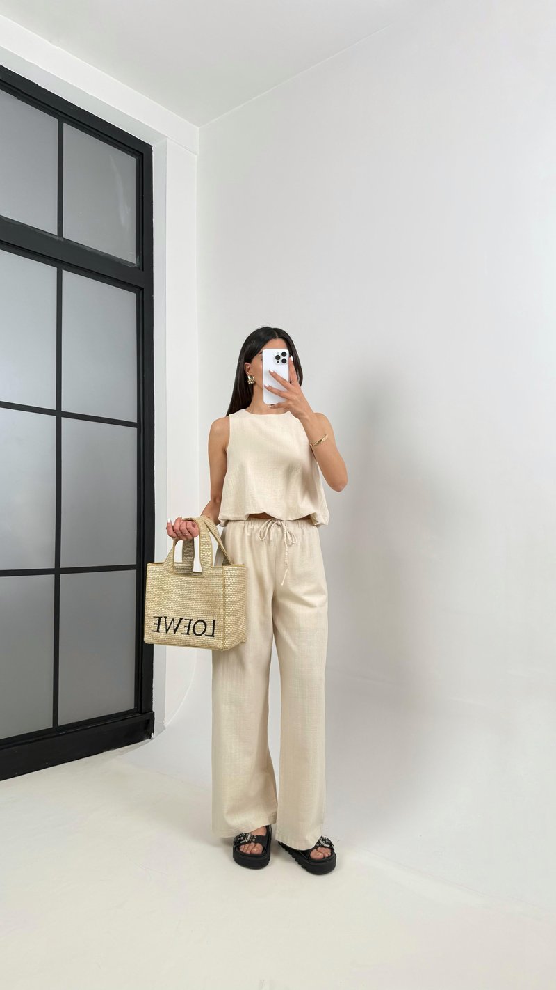 Taş Balon Üst Beli Lastikli Pantolon Astarlı Keten Takım Gaus00353