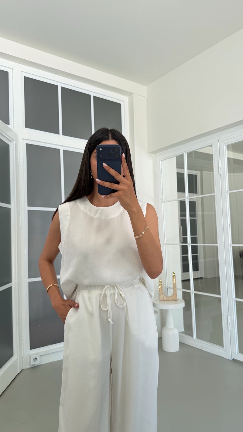 Ekru Bluz Beli Lastikli Pantolon Yıkamalı Tencel Takım GAUS-01795