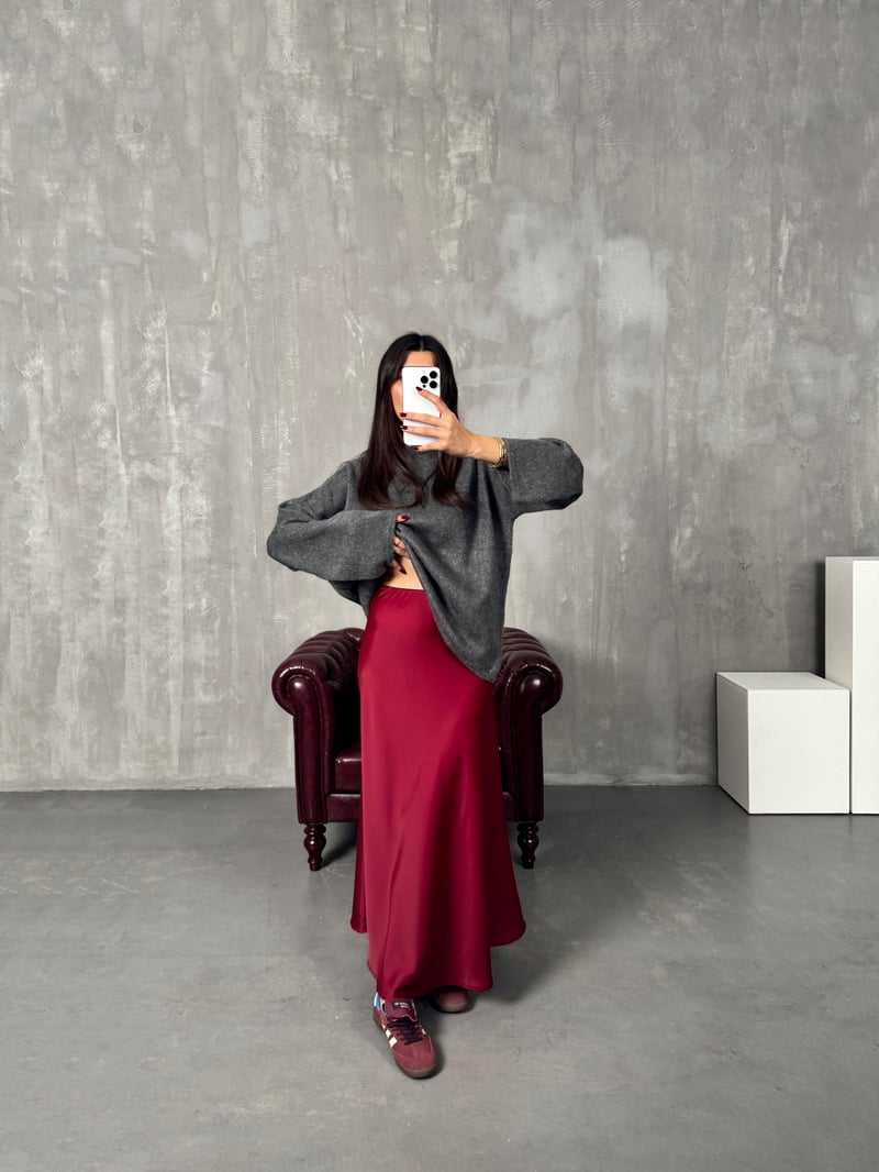 Oliv Bordo Maxi Saten Etek