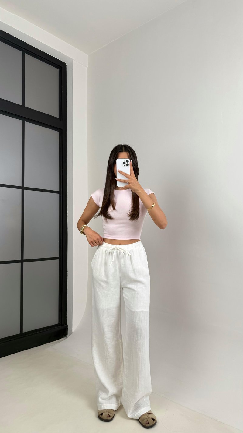 Beyaz Beli Lastikli Müslin Pantolon Gaus00586