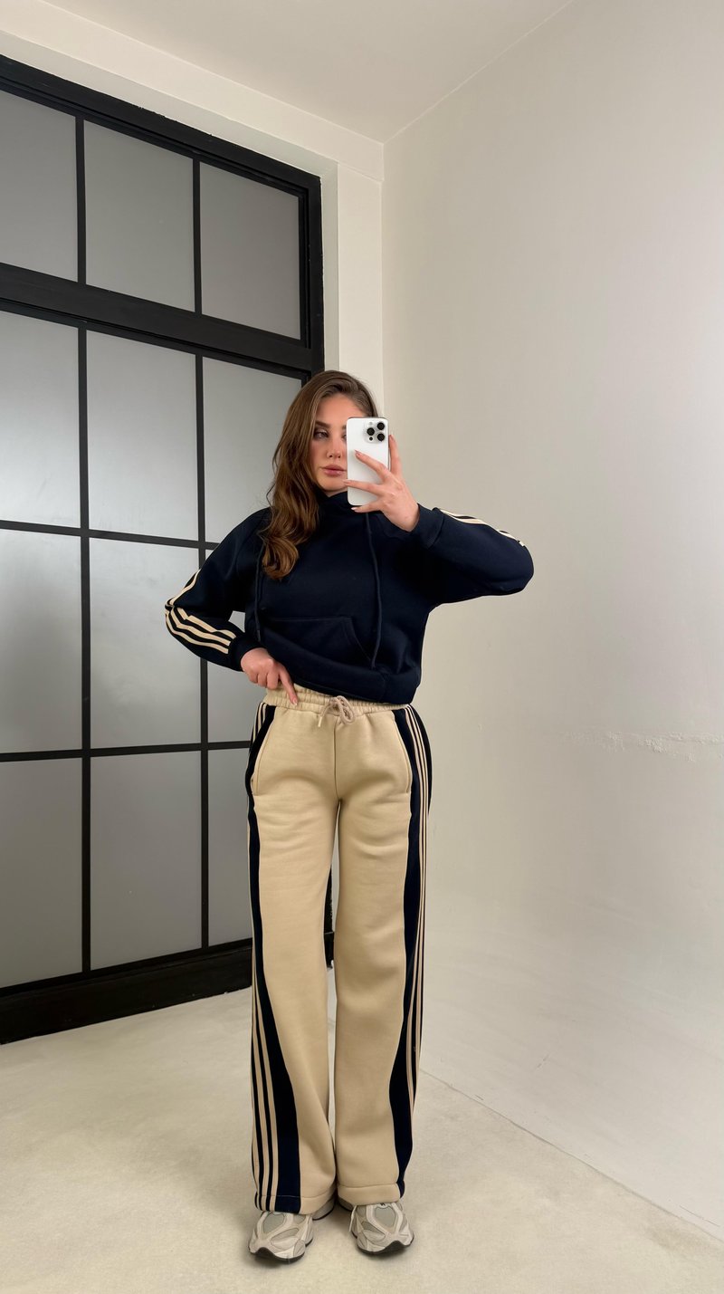 Lacivert Şerit Detaylı Sweatshirt Beli Lastikli Eşofman Şardonlu Takım GAUS-01073