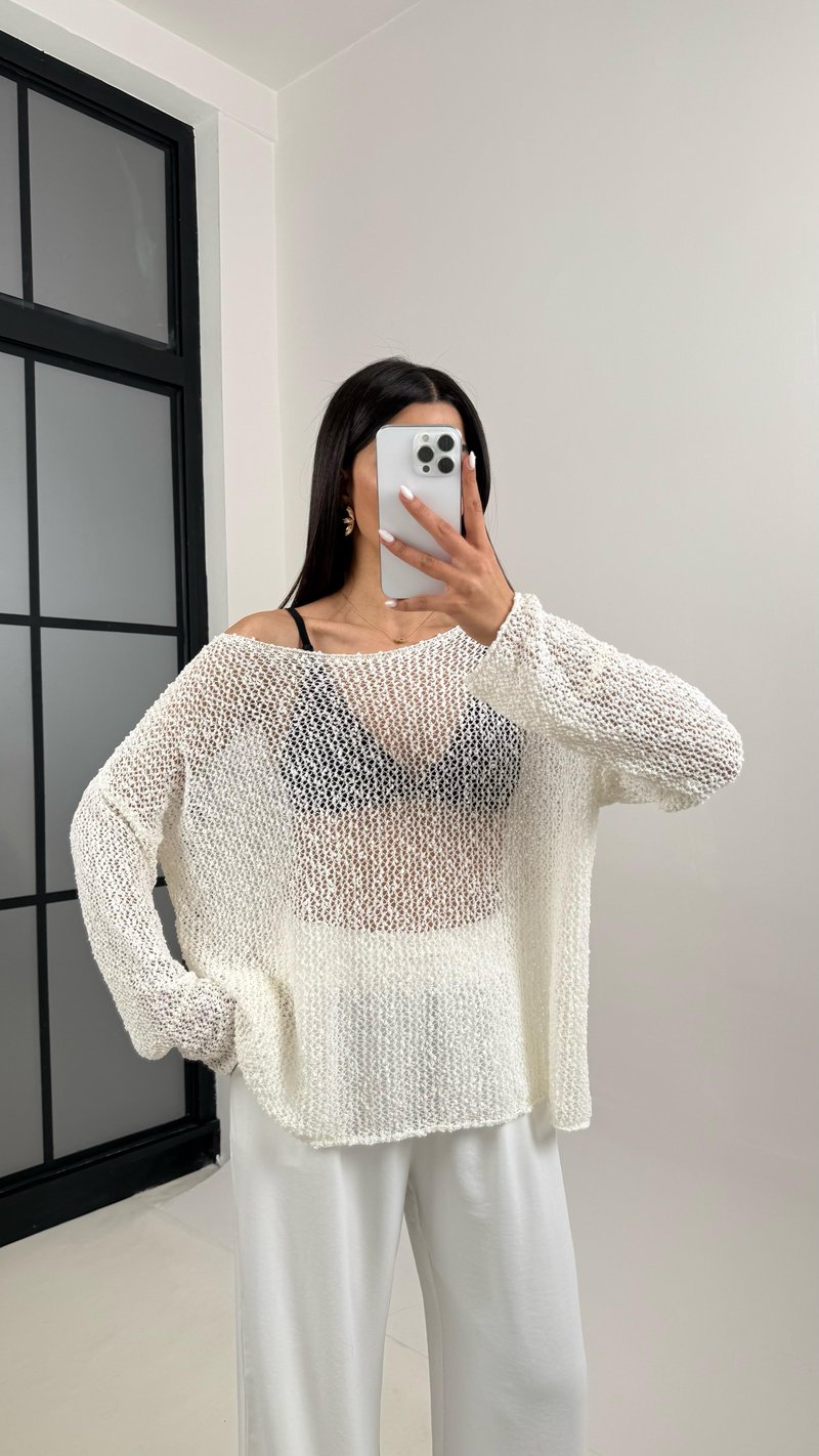 Beyaz Ajurlu Triko Bluz Gaus00372