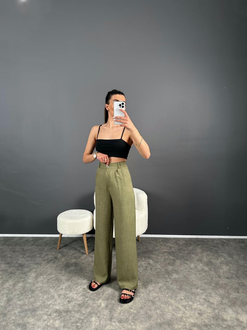 Vive Haki Keten Arkası Lastikli Pantolon