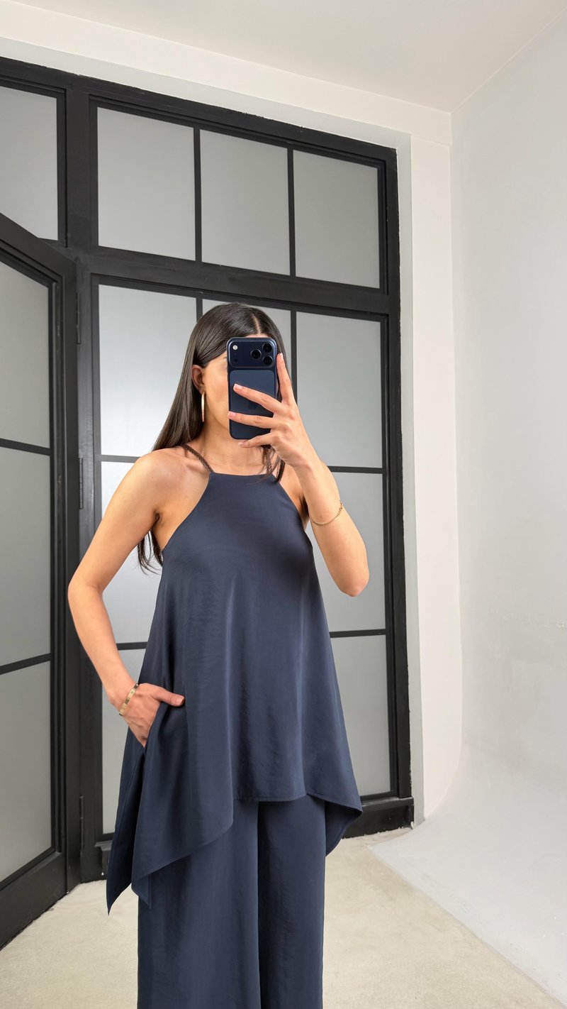 Lacivert Örgü Askılı Tencel Tulum GAUS-01436