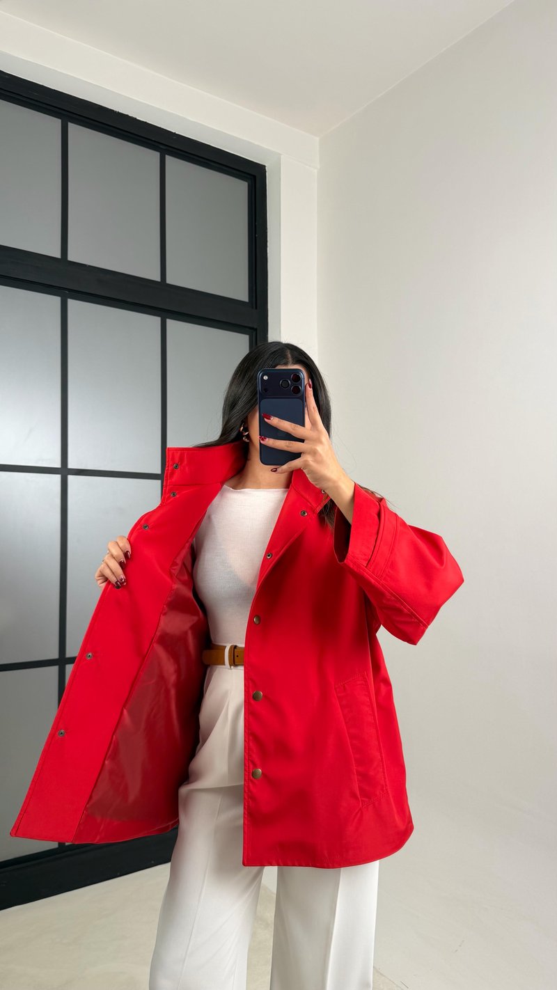 Kırmızı Çıtçıt Düğmeli Astarlı Oversize Premium Ceket GAUS-00794