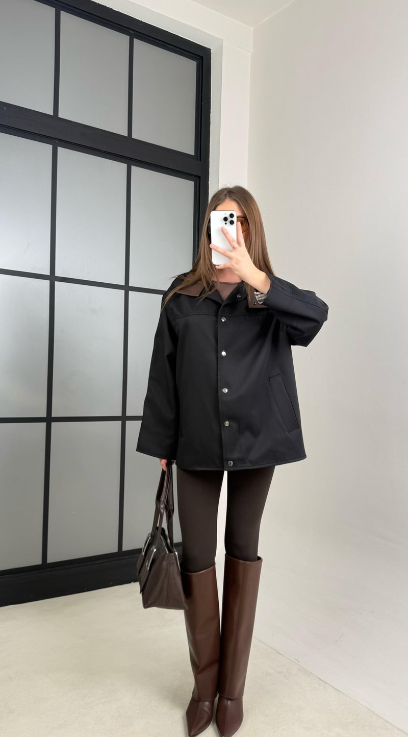 Siyah Deri Yaka Detaylı Astarlı Muadil Ceket GAUS-00732