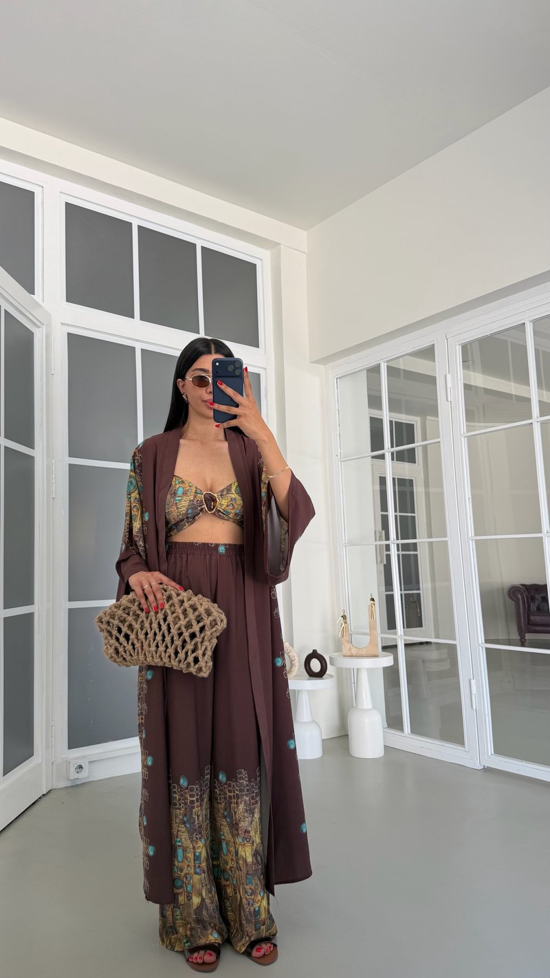 Kahve Kimono Crop Beli Lastikli Pantolon 3lü Desenli Premium Takım GAUS-01831