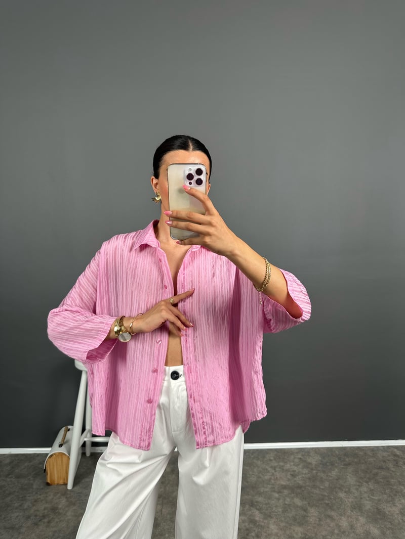 Foam Premium Pembe Çizgili Oversize Gömlek