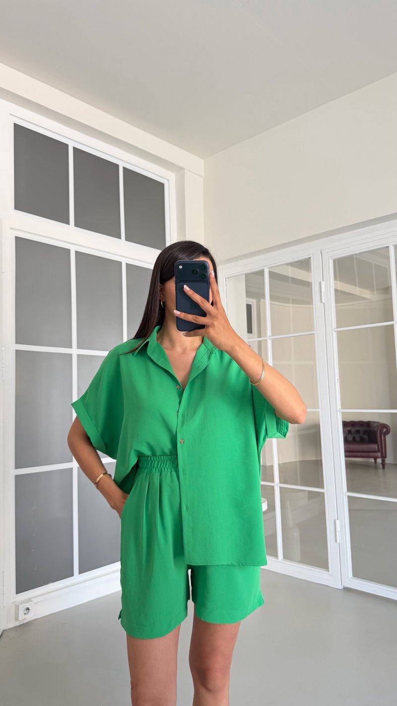Yeşil Gömlek Beli Lastikli Şort Basic Takım GAUS-01721