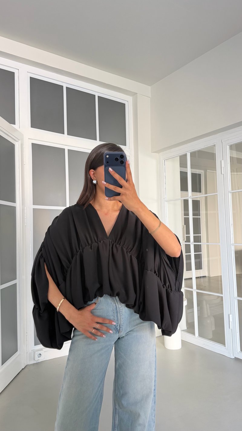 Siyah Drapeli Oversize Bluz GAUS-01767