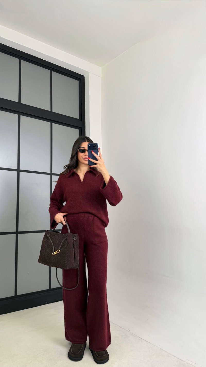 Bordo Polo Yaka Kazak Beli Lastikli Pantolon Triko Takım GAUS-00874
