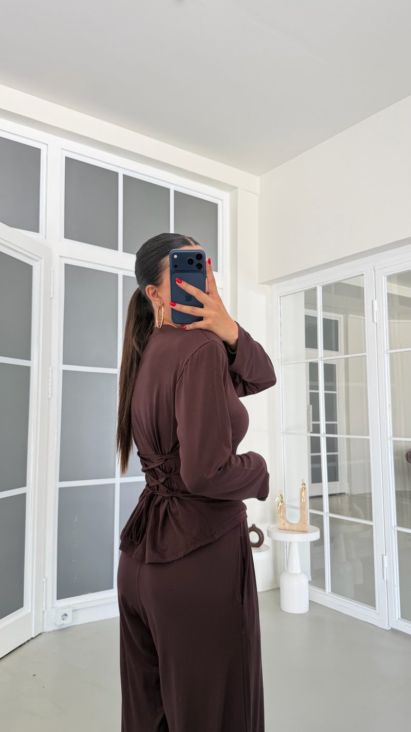 Kahve Vatkalı Beli Ayarlanabilir Bluz Beli Lastikli Pantolon İkili Takım GAUS-01872