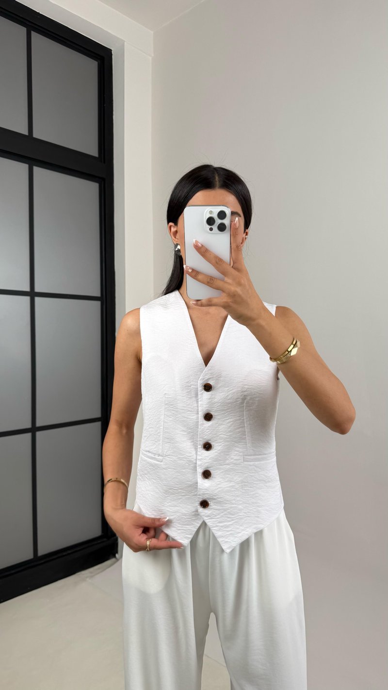 Beyaz Astarlı Kırışık Kumaş Yelek Gaus00539