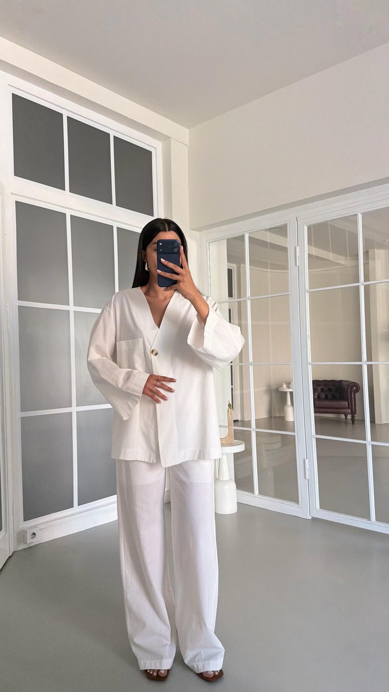 Beyaz Kimono Beli Lastikli Pantolon İkili Keten Takım GAUS-01491