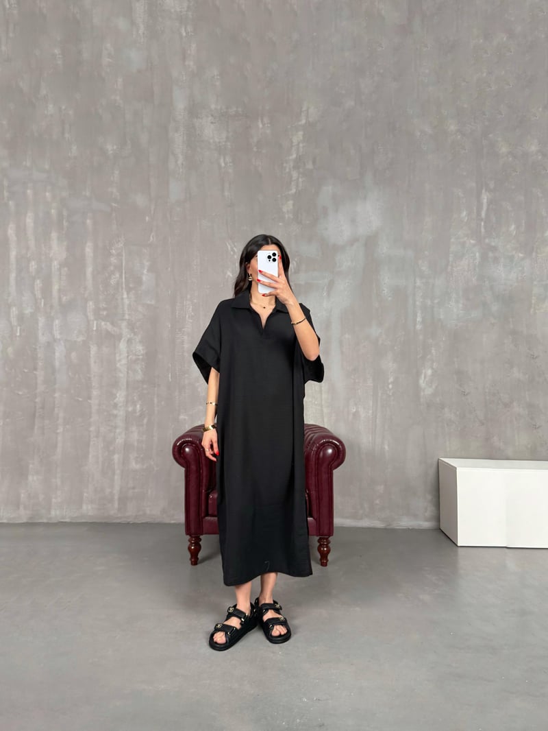 Black V Polo Collar Side Slit Linen Dress Gaus00164