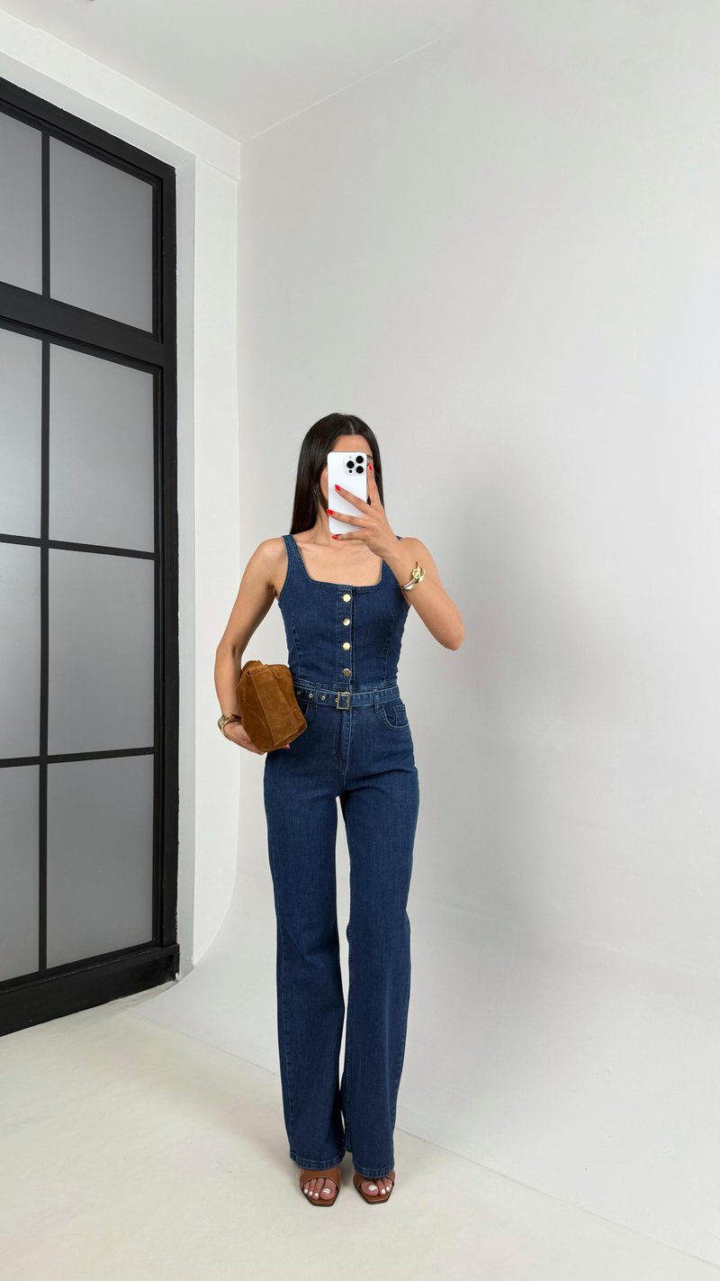 Lacivert Önü Düğmeli Kemerli Likralı Denim Tulum Gaus00473