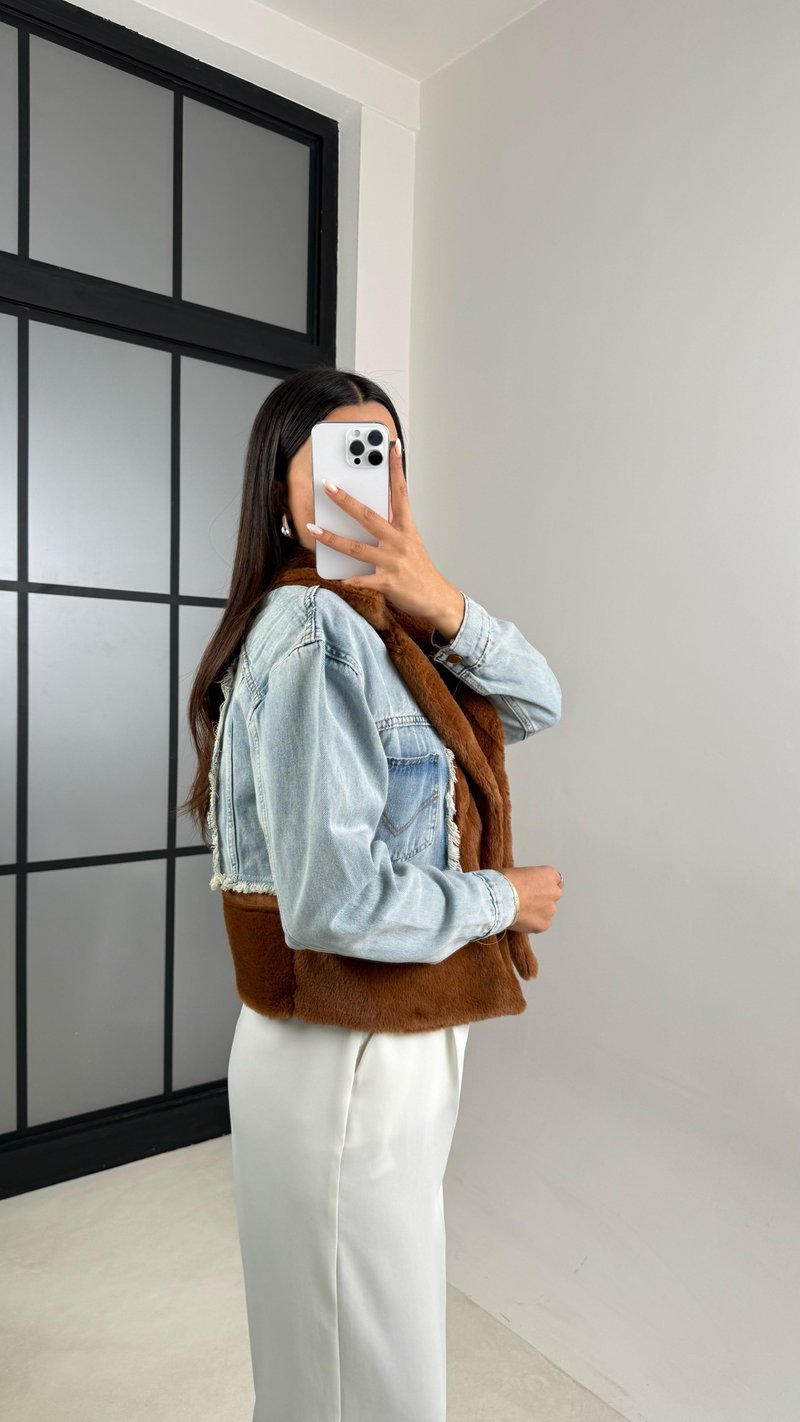 Kahve Denim Detaylı Peluş Ceket GAUS-00583