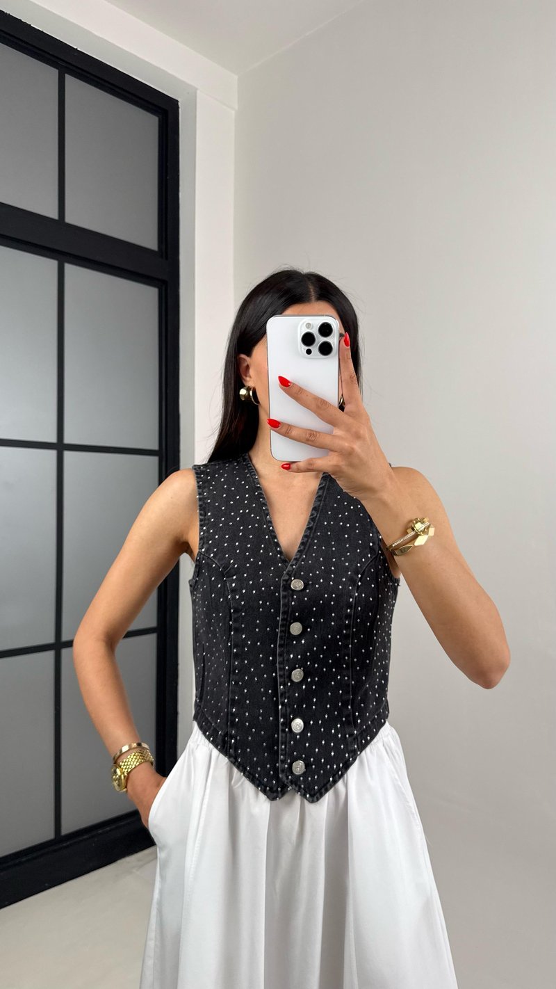 Antrasit Taşlı Tasarım Denim Yelek Gaus00486