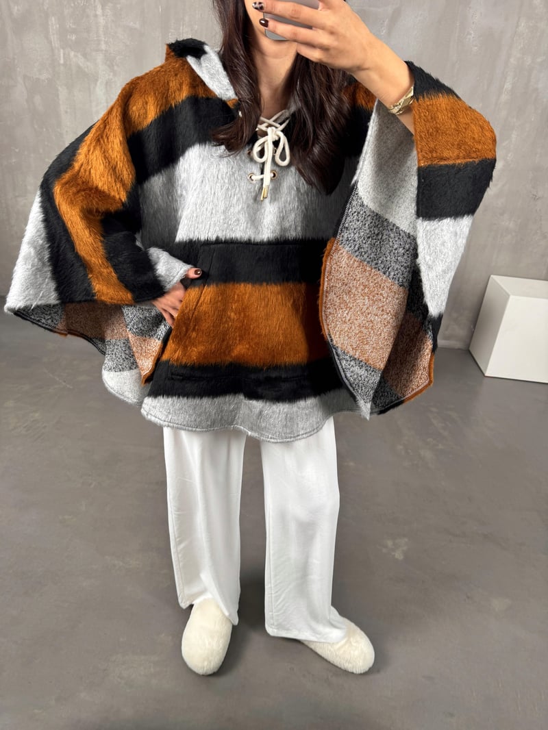 Ludo Kahve Gri Karışımlı Kapüşonlu Panço Hırka