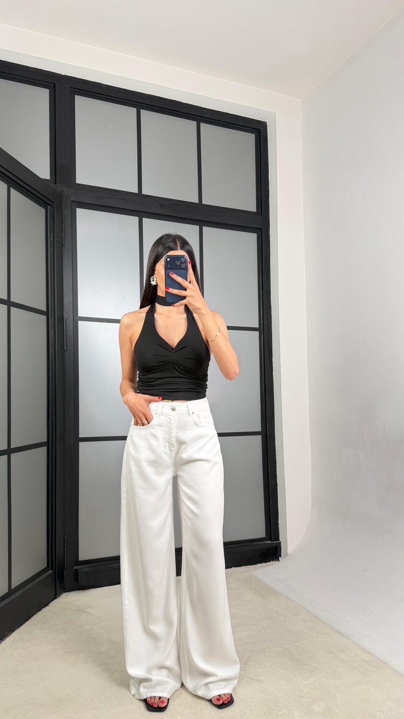 Beyaz Geniş Paça Denim Tencel Pantolon GAUS-01570
