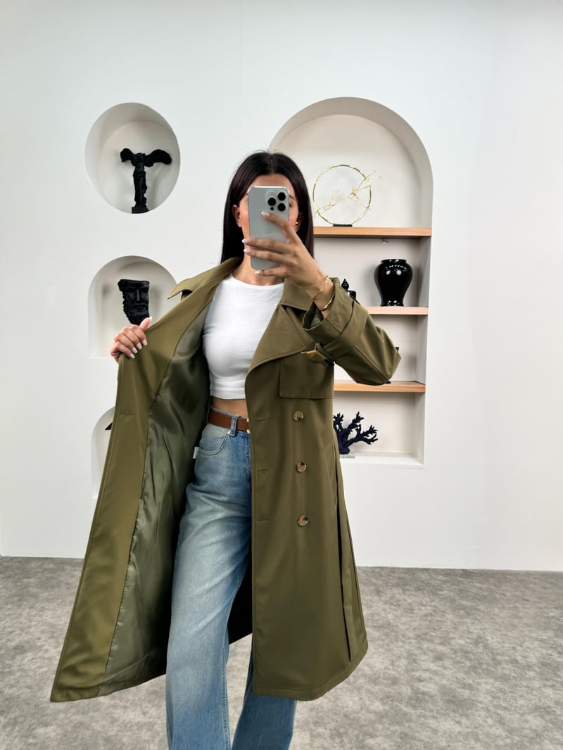 Hana Haki Premium Kemerli Astarlı Muadil Trençkot